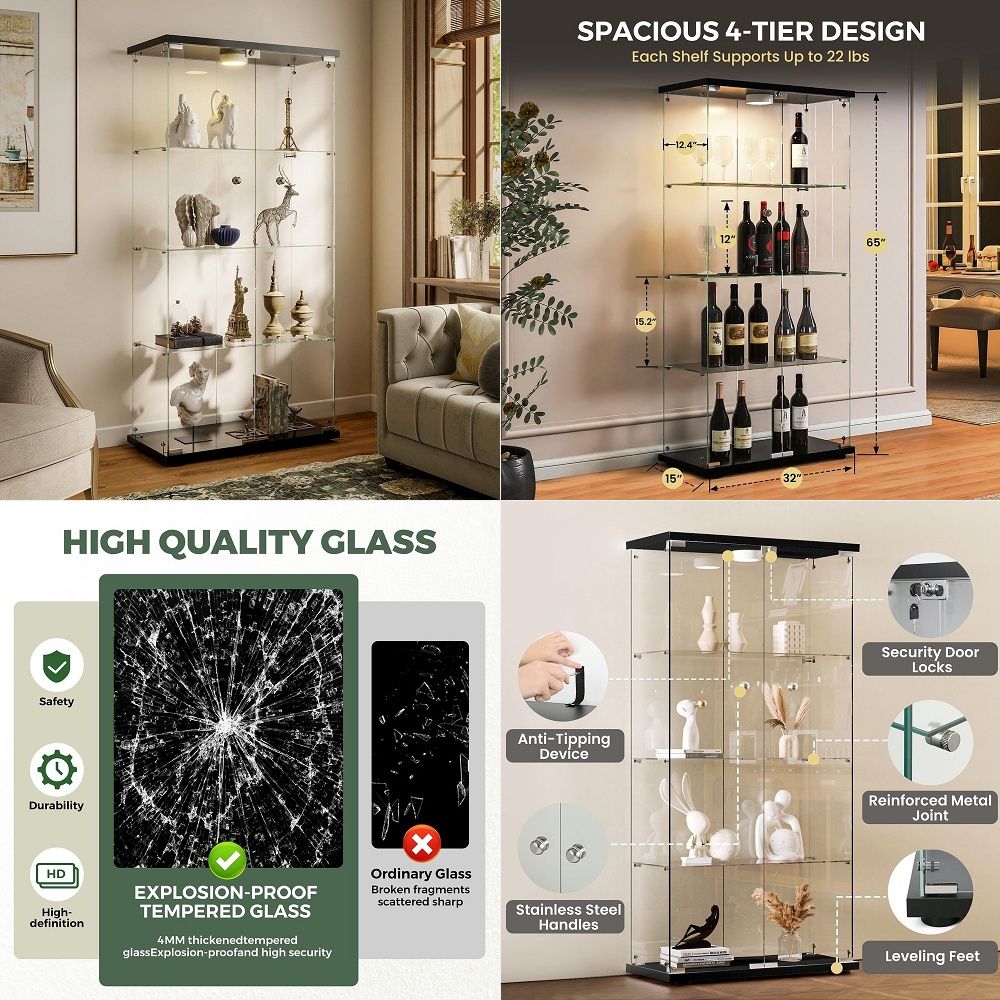 Glass Cabinet Display - خزانة عرض مع إضاءة LED وقفل،