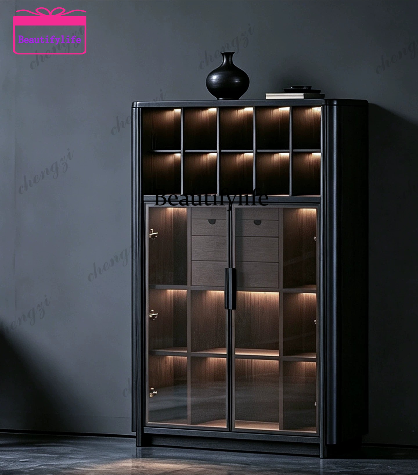 Glass Cabinet Display - خزانة كتب إيطالية بسيطة من الخشب